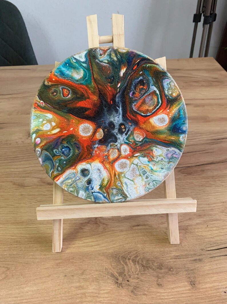 Abstract Pour Painting, Colorful Fluid Desk Art, Burst Cells Acrylic Pouring, Modern House Decor, Original Handmade 7 inch round Cork panel image 6