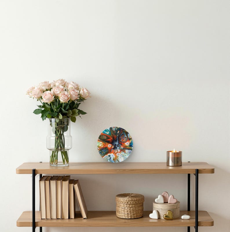 Abstract Pour Painting, Colorful Fluid Desk Art, Burst Cells Acrylic Pouring, Modern House Decor, Original Handmade 7 inch round Cork panel image 3