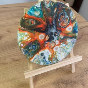 Abstract Pour Painting, Colorful Fluid Desk Art, Burst Cells Acrylic Pouring, Modern House Decor, Original Handmade 7 inch round Cork panel image 7