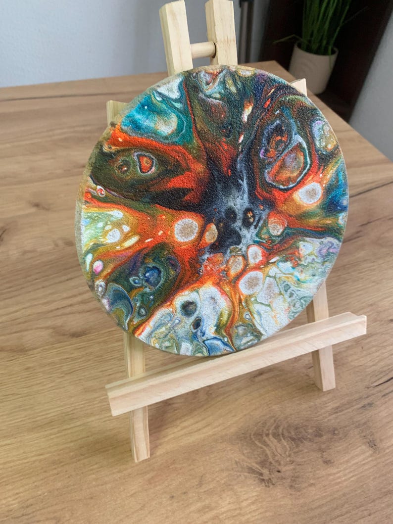 Abstract Pour Painting, Colorful Fluid Desk Art, Burst Cells Acrylic Pouring, Modern House Decor, Original Handmade 7 inch round Cork panel image 7
