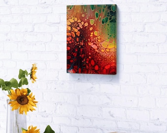 Red and Orange Acrylic Pour Painting, Fiery Cell Art on Canvas, Small Size Vibrant Home Decor, Modern Sunset Pouring, 10x12 inches