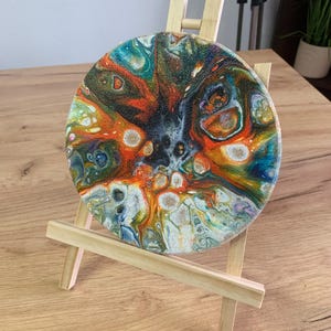 Abstract Pour Painting, Colorful Fluid Desk Art, Burst Cells Acrylic Pouring, Modern House Decor, Original Handmade 7 inch round Cork panel image 9