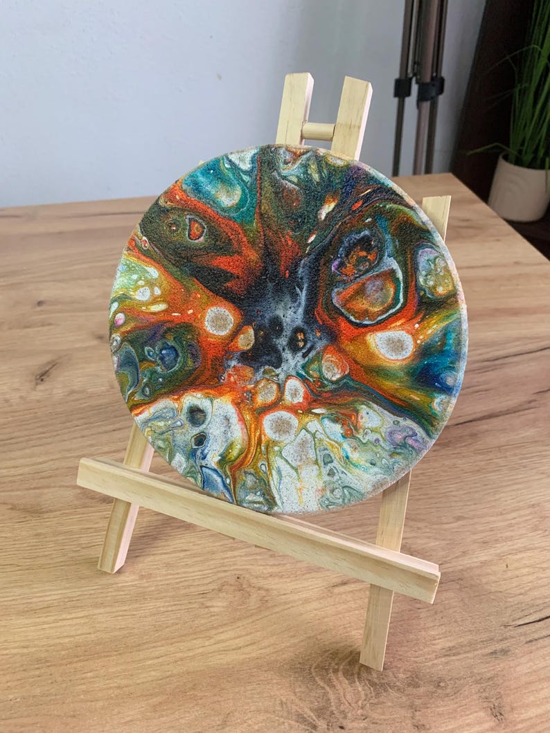 Abstract Pour Painting, Colorful Fluid Desk Art, Burst Cells Acrylic Pouring, Modern House Decor, Original Handmade 7 inch round Cork panel image 9