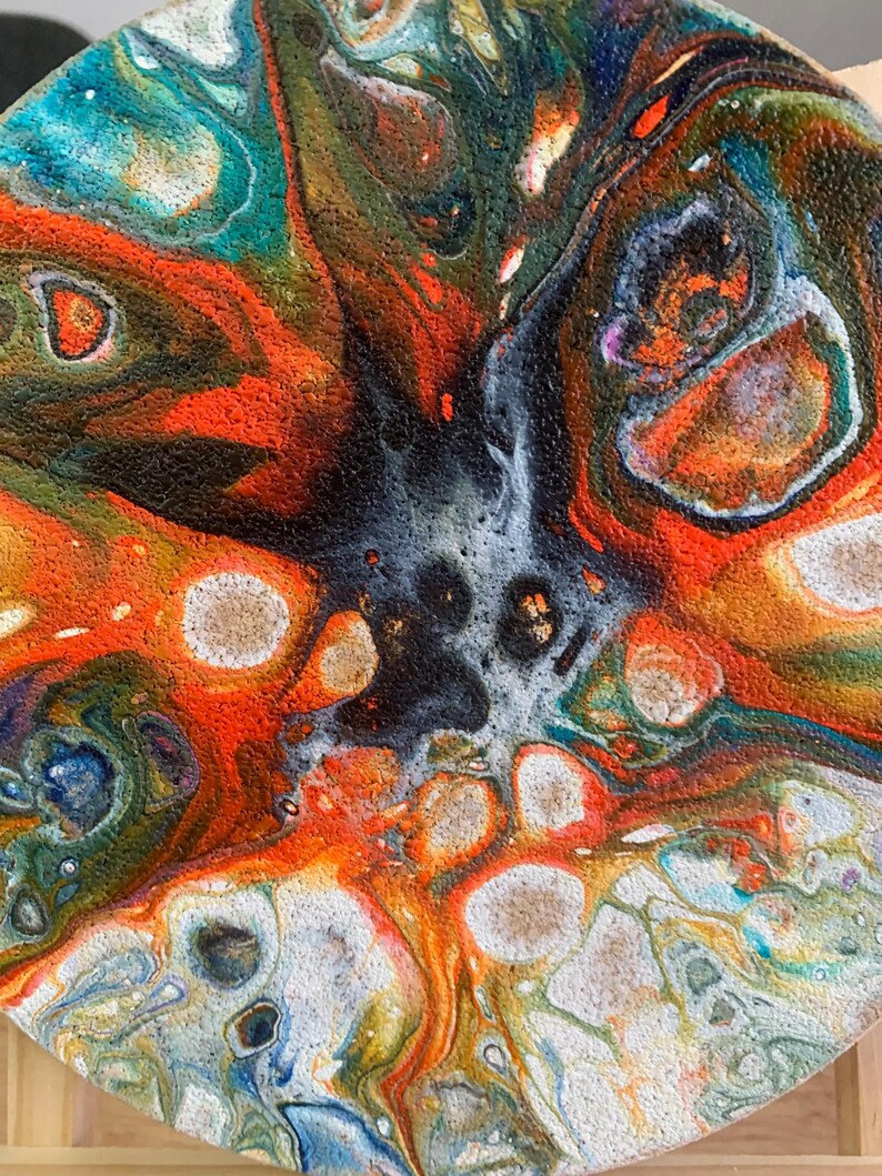 Abstract Pour Painting, Colorful Fluid Desk Art, Burst Cells Acrylic Pouring, Modern House Decor, Original Handmade 7 inch round Cork panel image 8