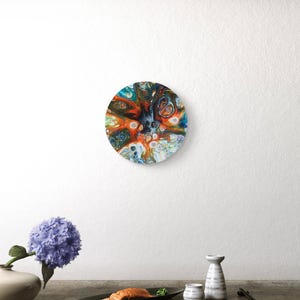 Abstract Pour Painting, Colorful Fluid Desk Art, Burst Cells Acrylic Pouring, Modern House Decor, Original Handmade 7 inch round Cork panel image 4