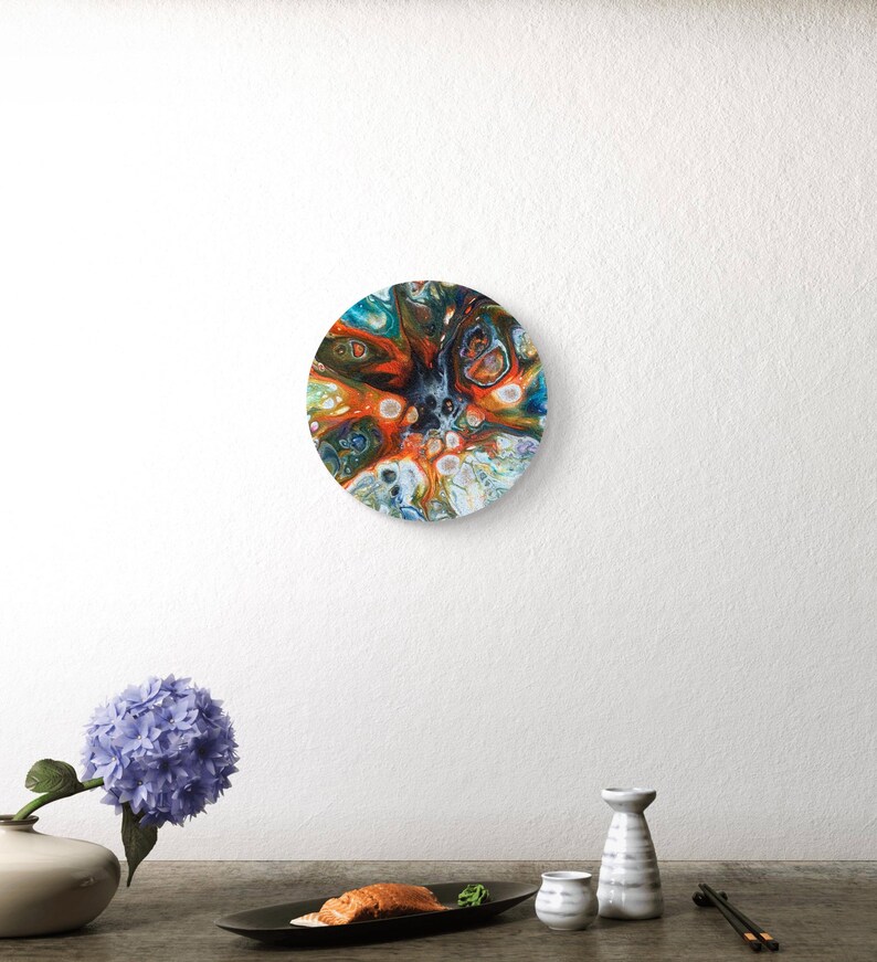 Abstract Pour Painting, Colorful Fluid Desk Art, Burst Cells Acrylic Pouring, Modern House Decor, Original Handmade 7 inch round Cork panel image 4