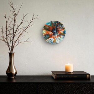 Abstract Pour Painting, Colorful Fluid Desk Art, Burst Cells Acrylic Pouring, Modern House Decor, Original Handmade 7 inch round Cork panel image 5