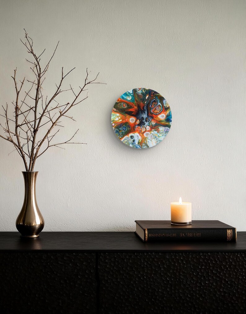 Abstract Pour Painting, Colorful Fluid Desk Art, Burst Cells Acrylic Pouring, Modern House Decor, Original Handmade 7 inch round Cork panel image 5