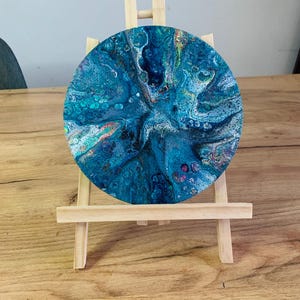 Acryl giet schilderij abstracte kunst aan de muur, kleurrijke vloeiende kunst op kurkbord, blauw koperen cellen decor, originele handgemaakte kunstwerken, 7 inch rond