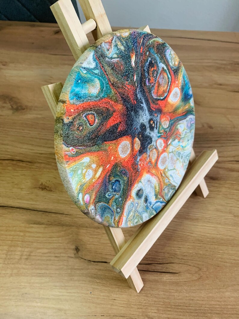 Abstract Pour Painting, Colorful Fluid Desk Art, Burst Cells Acrylic Pouring, Modern House Decor, Original Handmade 7 inch round Cork panel image 10