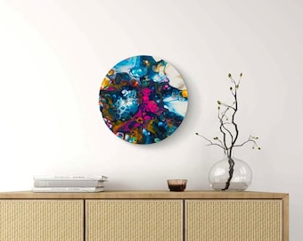 Dipinto astratto acrilico, tela rotonda da 30 cm, opera d'arte originale con tecnica pour-cell, decorazione murale galassia colorata, regalo unico fatto a mano per la casa o l'ufficio.