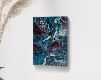 12x16 Abstract Acrylic Painting, Dark Blue and Red Cells Art, Colorful Fluid Wall Decor, Original and Unique Vertical Artwork on Canvas