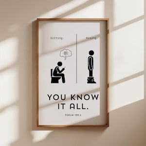 May include: A framed print with a minimalist design. The artwork features stick figures representing "Sitting" and "Rising," with the text "YOU KNOW IT ALL." and "PSALM 139:2." The print is in a wooden frame.