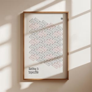 May include: Framed art print featuring an optical illusion design in black and red on a cream background. The artwork includes the text "Nothing is impossible" in a decorative font. The print is encased in a wooden frame.
