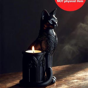 May include: A black cat figurine with intricate scrollwork patterns on its chest, sitting beside a cylindrical candle holder featuring gothic arch designs. A lit candle sits inside the holder, emitting a small flame. Text reads Digital Download NOT physical item.
