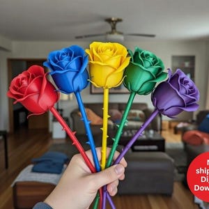 Puede incluir: Una mano sostiene cinco tallos de rosas de colores. Las rosas son rojas, azules, amarillas, verdes y moradas. Los tallos son del mismo color que las cabezas de las rosas. El fondo es un salón con muebles.