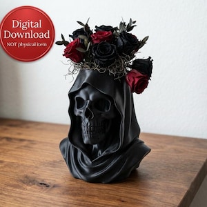 May include: A black skull-shaped vase with a hooded cloak design, filled with red and black roses. The vase is on a wooden surface. A red circle with the text "Digital Download NOT physical item" is in the upper left corner.