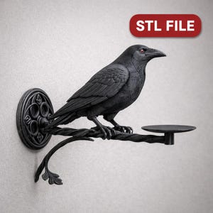 Pode incluir: Escultura de um corvo preto empoleirado num galho decorativo, montada na parede. O corvo tem olhos vermelhos e está posicionado acima de uma pequena plataforma redonda. A montagem na parede apresenta um design circular ornamentado. O texto "STL FILE" está num retângulo vermelho.