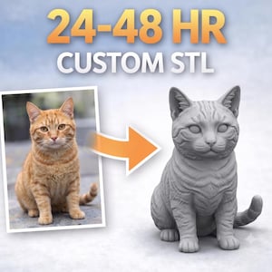 May include: A custom 3D printed gray cat figurine next to a photograph of an orange tabby cat. The text 24-48 HR CUSTOM STL is displayed at the top. An orange arrow points from the photograph to the gray cat sculpture on a light surface.