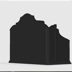 May include: A solid black, three-dimensional digital rendering of a decorative shelf or display unit. The object features a high, arched back panel with ornate, curved edges and a stepped side profile, presented against a plain light gray background.