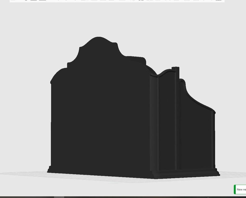 May include: A solid black, three-dimensional digital rendering of a decorative shelf or display unit. The object features a high, arched back panel with ornate, curved edges and a stepped side profile, presented against a plain light gray background.