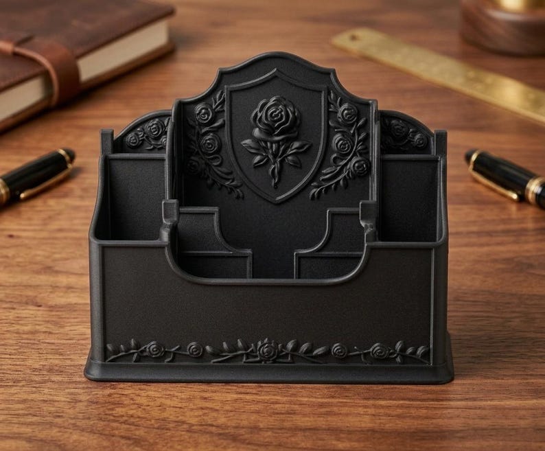 May include: A matte black desk organizer featuring a central shield emblem with a raised rose relief. The organizer has multiple compartments for stationery and is decorated with intricate rose vine patterns along the base and sides.