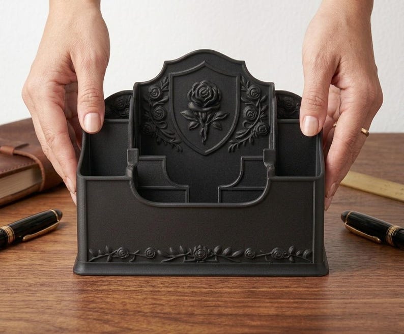 May include: A matte black desk organizer featuring a central shield motif embossed with a rose. The organizer includes multiple compartments for stationery and is decorated with intricate rose vine patterns along the front base and side panels.