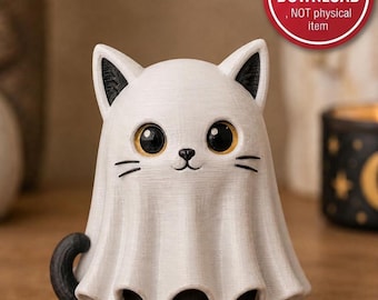 May include: A white cat figurine in a ghost costume with large, expressive eyes. The black ears, tail, and paws contrast with the white draped sheet. The figurine has a smiling face and is a Halloween-themed decoration.