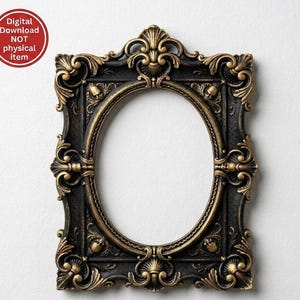 May include: A rectangular picture frame with an oval center opening, featuring a black finish with gold-colored highlights. The frame is decorated with ornate scrollwork and small skull motifs. Text in the corner reads: Digital Download NOT physical item.