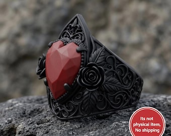 May include: Black ring with a faceted red heart-shaped stone. The ring features intricate floral and leaf detailing, with roses on the sides. The ring has a gothic or romantic aesthetic.