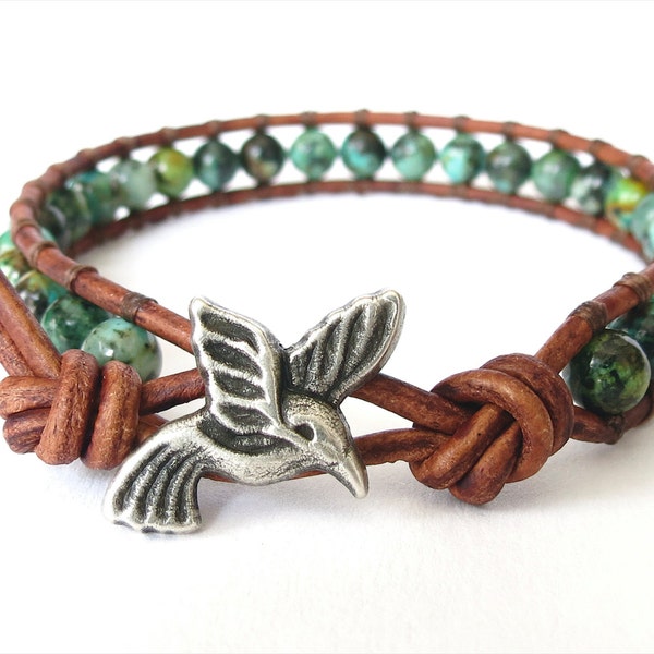 Hummingbird wrap bracelet with African turquoise, earthy southwestern jewelry, birthday gift for best friend