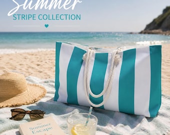 Duża torba typu tote, w paski, na plażę, na weekend, na basen w stylu nadmorskim, prezent dla przyjaciela miłośnika oceanu