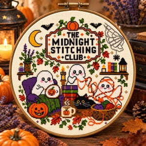 Halloween kruissteekpatroon, spookborduurwerk, zwarte kat, heksenborduurwerk, griezelige herfstdecoratie, speelse borduurkunst, PDF-download