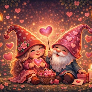 May include: A whimsical illustration of two gnomes in love, surrounded by hearts and flowers. The gnomes wear red hats adorned with hearts and hold heart-shaped objects. A candle and lanterns add to the romantic ambiance, perfect for Valentine's Day.