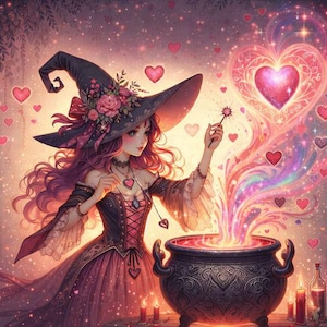 May include: An illustration of a witch with long purple hair wearing a black hat adorned with flowers and a pink dress. She is holding a wand, conjuring a heart-shaped magical display above a cauldron. The scene is filled with hearts and sparkles.