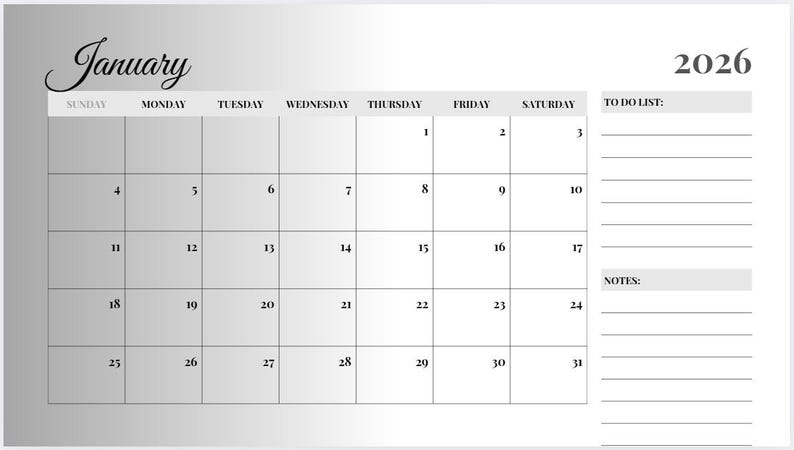Kalender 2026 zum Ausdrucken – Monatsplaner mit To Do Liste & Notizen