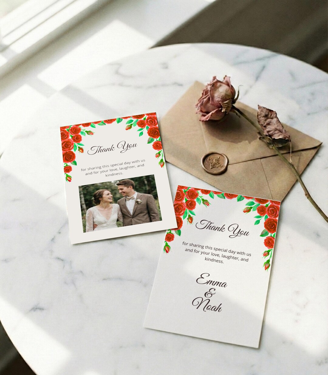 Watercolor Rose Wedding Thank You Card, Editable Canva Template ...