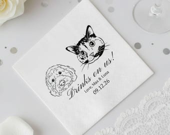 Personalized Pet Portrait Wedding Napkins, Custom Cocktail Napkins