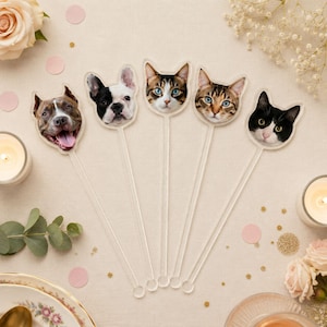 May include: Five clear acrylic drink stirrers, each topped with a high-resolution photographic cutout of a pet face. The collection includes a brown and white dog, a black and white French bulldog, two tabby cats, and a black and white cat.