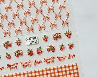 Strawberry Bow Nail Stickers | Red Gingham Fruit & Ribbon 5D Embossed Nail Decals