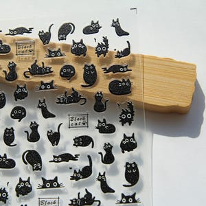 Schwarze Katze 3D Nagelsticker | Kleine Cartoon Kitty Nagel Abziehbilder