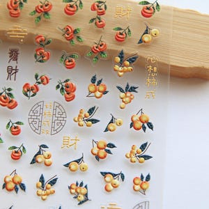 Chinesische Persimmon Golden Berry Nagelsticker | Glücksfrucht botanische Aufkleber mit Glückssymbolen