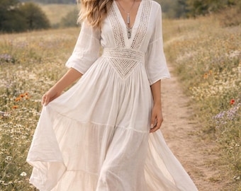 Boho White Cotton Linen Dress for Women, Cottagecore Midi Dress, Spring Summer Dress, Prairie Dress, Beach Wedding Guest Outfit
