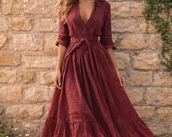 Vintage Boho Maxi Dress Women | Long Sleeve Cotton Blend Dress |  Cottagecore Rustic Spring Dress