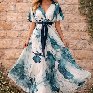 what to wear with lime green dress Marble Print Maxi Dress With Ruffled Cardigan main image 0