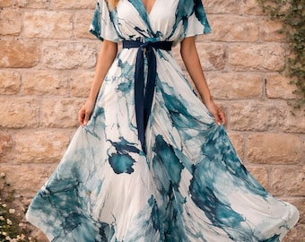 Boho Watercolor Maxi Dress for Women, Flowy Beach Dress, Teal Marble Print Wrap Dress, Summer Wedding Guest Dress, Bohemian Vacation Outfit