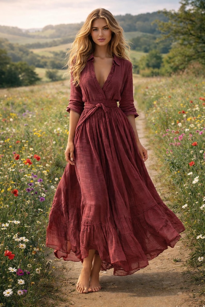 May include: A long, flowing burgundy dress with a V-neck and a tied waist. The dress has long sleeves and a ruffled hem. The woman is walking barefoot on a path through a field of wildflowers.