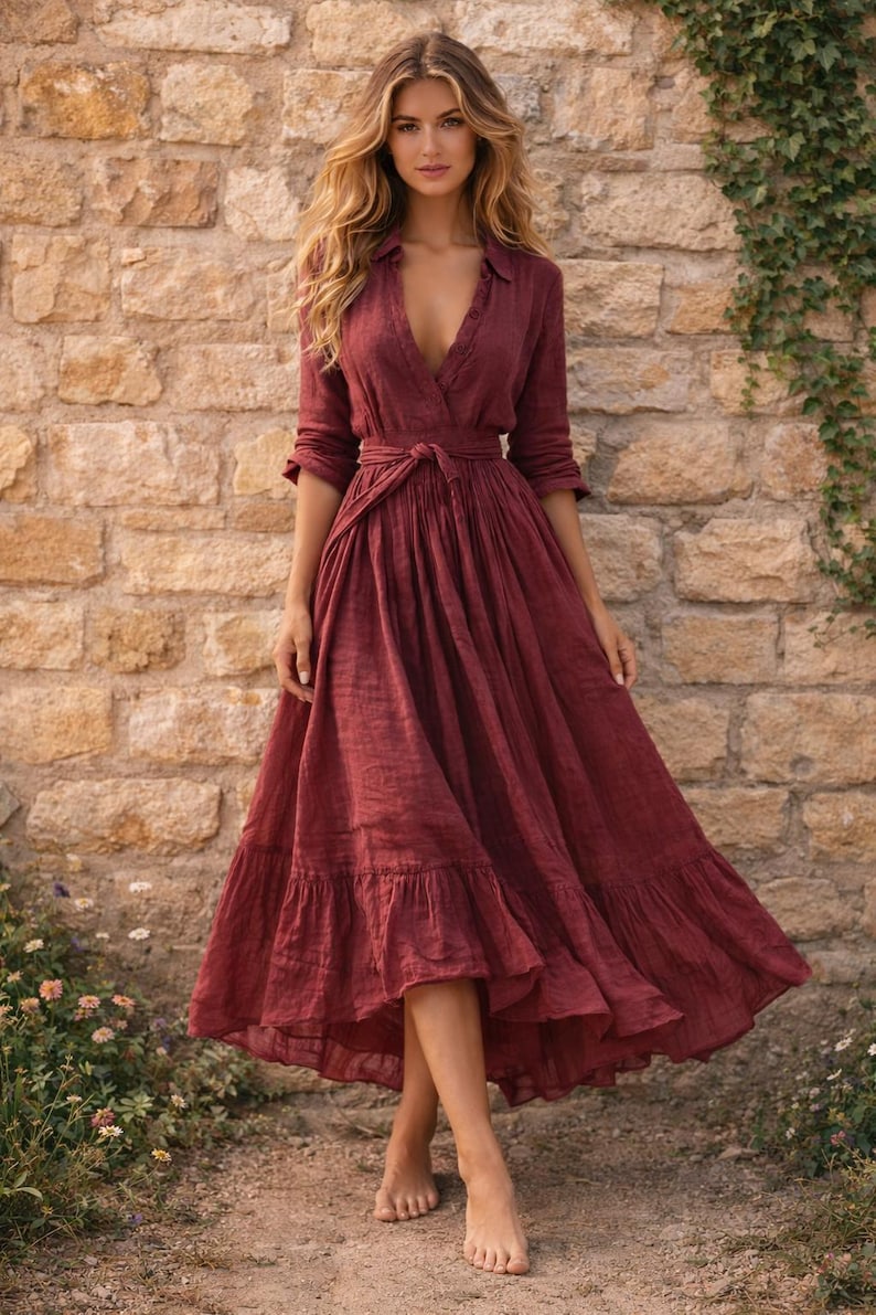May include: A full-length burgundy dress with a V-neck and tie-waist. The dress features long sleeves and a tiered skirt, creating a bohemian style. The model is standing barefoot in front of a stone wall.