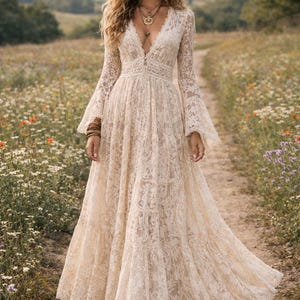 Boho kanten maxi-jurk voor vrouwen, boho trouwjurk, kant bruidsjurk met lange mouwen, rustieke trouwjurk, boho bruid, ivoor kanten jurk
