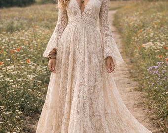 Vestido largo de encaje bohemio para mujer, vestido de novia bohemio, vestido de novia de encaje de manga larga, vestido de novia rústico, vestido de novia bohemio, vestido de encaje color marfil